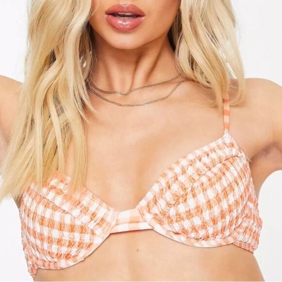 NWOT Misguided Crinkle Orange Checered Bikini Set Size 4 - Picture 1 of 16